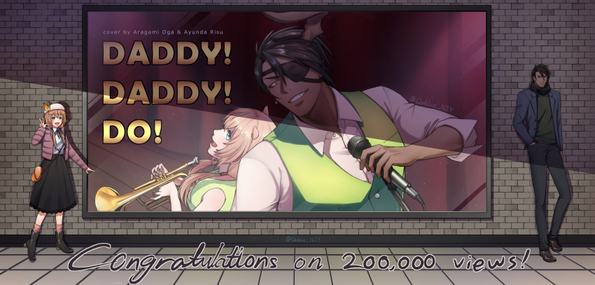 1boy, 1girl, :d, absurdres, against_wall, alternate_costume, animal_ears, aragami_oga, ayunda_risu, back-to-back, bag, beret, billboard, black_footwear, black_hair, black_pants, black_scarf, black_skirt, blue_jacket, boots, brick_wall, brown_hair, character_name, chestnut_bag, collared_shirt, curtains, dark-skinned_male, dark_skin, debbie_njy, dress, earrings, english_text, eyepatch, full_body, green_dress, green_eyes, green_sweater_vest, green_vest, grin, hair_ornament, hand_in_pocket, hat, highres, holding, holding_instrument, holding_microphone, hololive, hololive_indonesia, holostars, horns, instrument, jacket, jewelry, leaf_hair_ornament, leaf_hat_ornament, long_hair, looking_at_viewer, loose_socks, low_twintails, microphone, milestone_celebration, neck_ribbon, no_horn, padded_jacket, pants, pink_legwear, purple_jacket, red_ribbon, ribbon, scarf, sharp_teeth, shirt, short_hair, shoulder_bag, single_earring, single_horn, skirt, sleeveless, sleeveless_dress, sleeves_folded_up, smile, song_name, squirrel_ears, squirrel_girl, stage, standing, sweater_vest, teeth, trumpet, twintails, upper_body, vest, virtual_youtuber, w, white_headwear, white_shirt