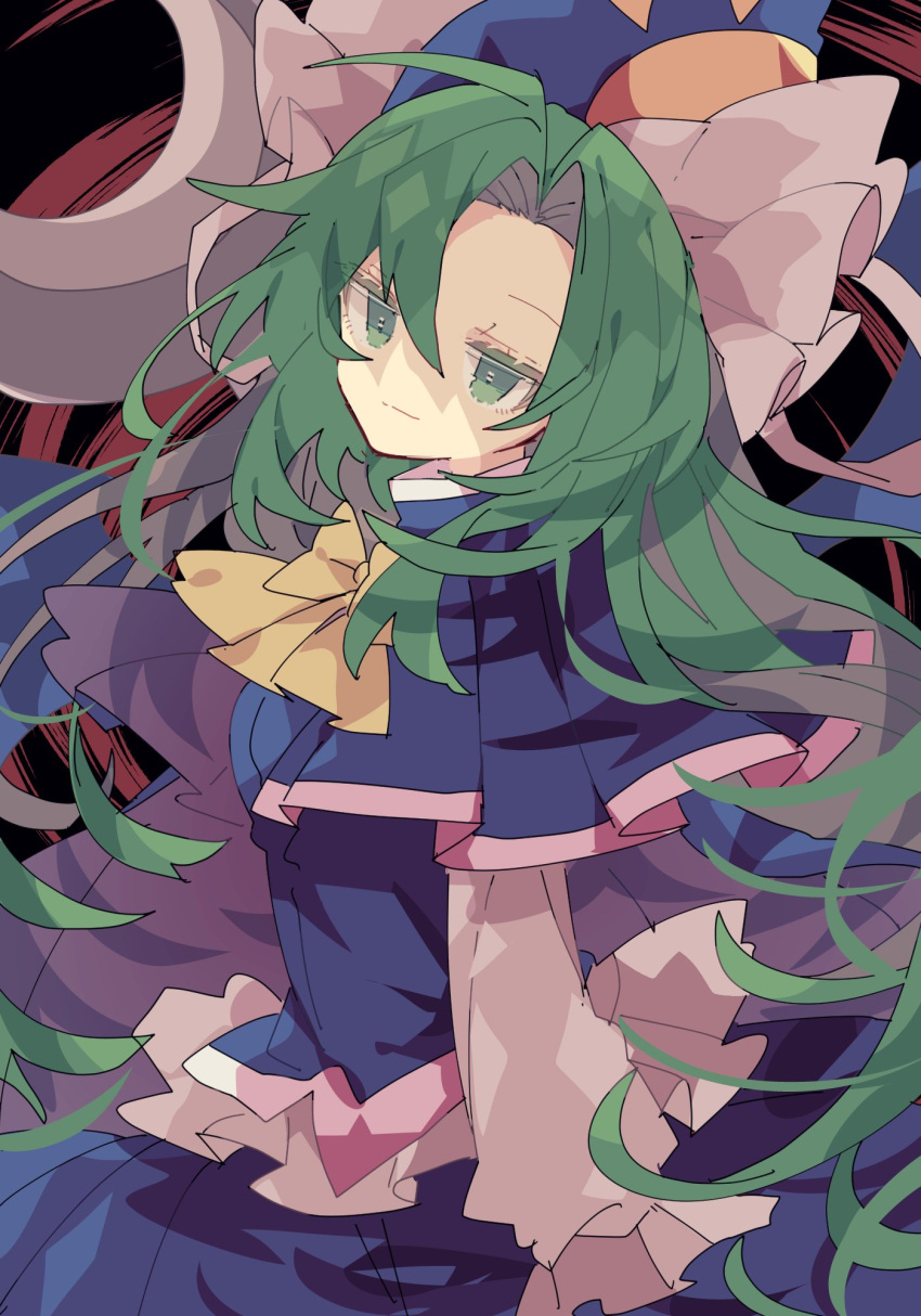 1girl, bangs, blue_capelet, blue_headwear, blue_skirt, blue_vest, bow, bowtie