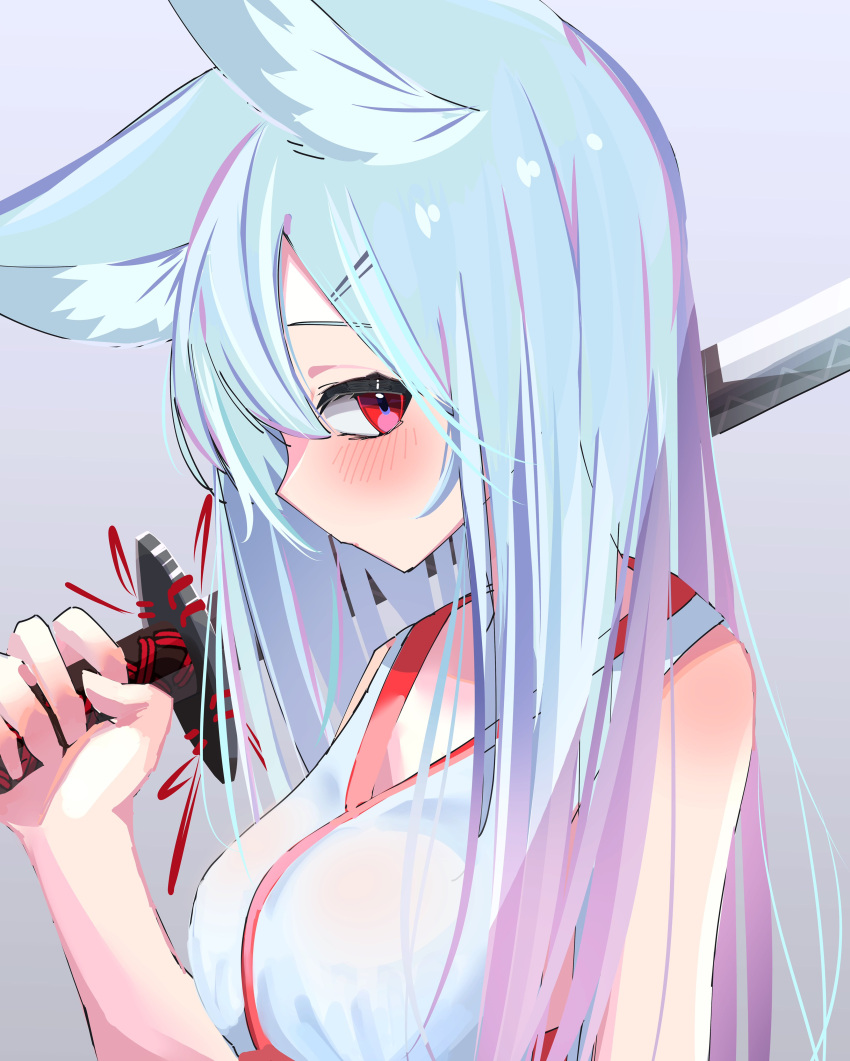 1girl, absurdres, animal_ear_fluff, animal_ears, aqua_hair, bangs, blush, grey_background