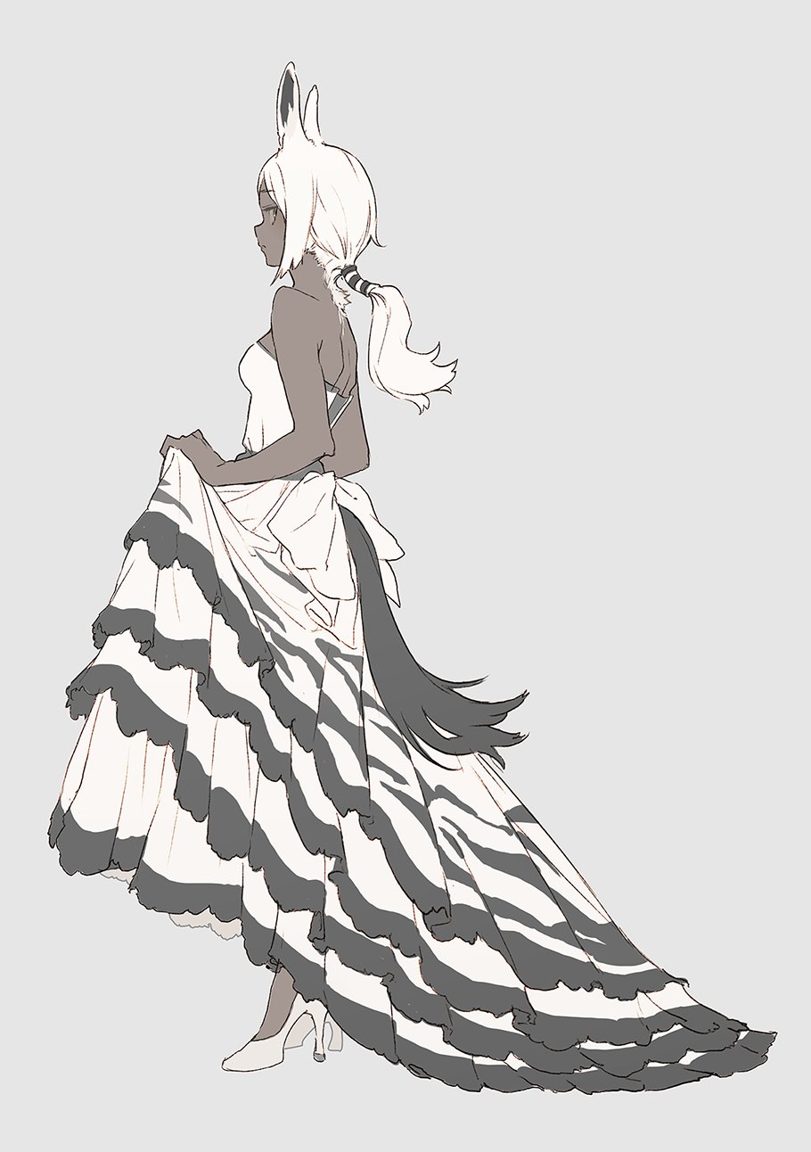 1girl, animal_ears, animal_print, back_bow, bare_shoulders, bow, brown_eyes, closed_mouth, dark-skinned_female, dark_skin, dress, grey_background, high_heels, highres, kemono_fabric, large_bow, long_hair, mogumo, off_shoulder, original, ponytail, simple_background, solo, standing, tail, white_bow, white_footwear, white_hair, zebra_print