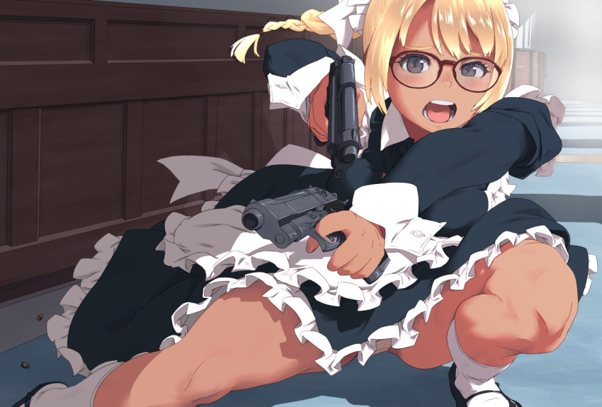 1girl, aoi_nori_(aoicoblue), apron, bangs, black_dress, black_legwear, blonde_hair, braid, brown_eyes, bullet, commentary_request, dark-skinned_female, dark_skin, dress, dual_wielding, eyebrows_visible_through_hair, glasses, gun, handgun, holding, holding_gun, holding_weapon, indoors, kneehighs, long_hair, maid, maid_apron, maid_headdress, mary_janes, open_mouth, original, panties, pistol, shoes, solo, tan, underwear, weapon, white_apron, white_headdress, white_legwear