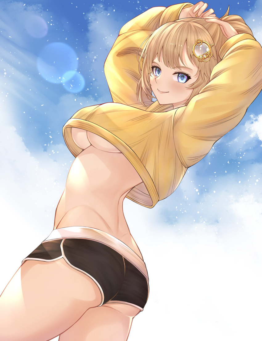 1girl, absurdres, arms_up, ass, back, bangs, black_shorts, blue_eyes
