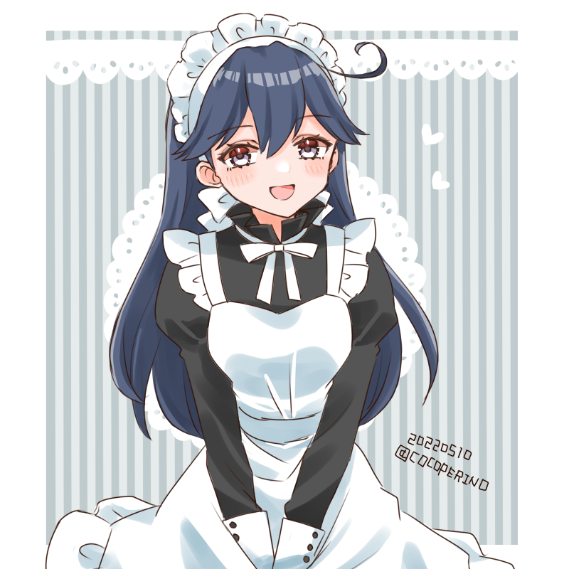 1girl, ahoge, alternate_costume, apron, black_dress, black_hair, blue_background, breasts