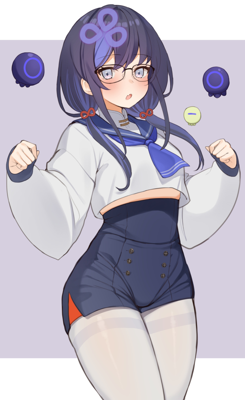 1girl, absurdres, bangs, black_hair, blue_hair, blue_neckerchief, blue_sailor_collar, blue_shorts