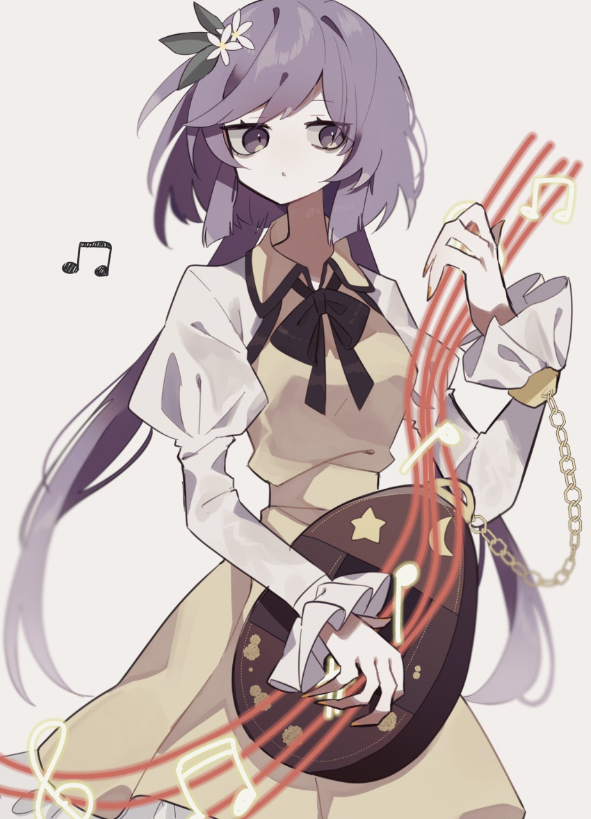 1girl, bangs, beamed_eighth_notes, beamed_sixteenth_notes, biwa_lute, black_bow, bow, bowtie