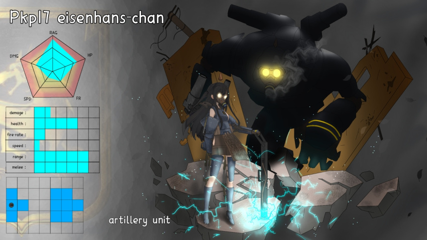 1girl, 1other, armor, artillery, black_background, cannon, exoskeleton, gas_mask, iron_harvest, long_hair, mask, mechanical_arms, military, non-web_source, simple_background, skirt