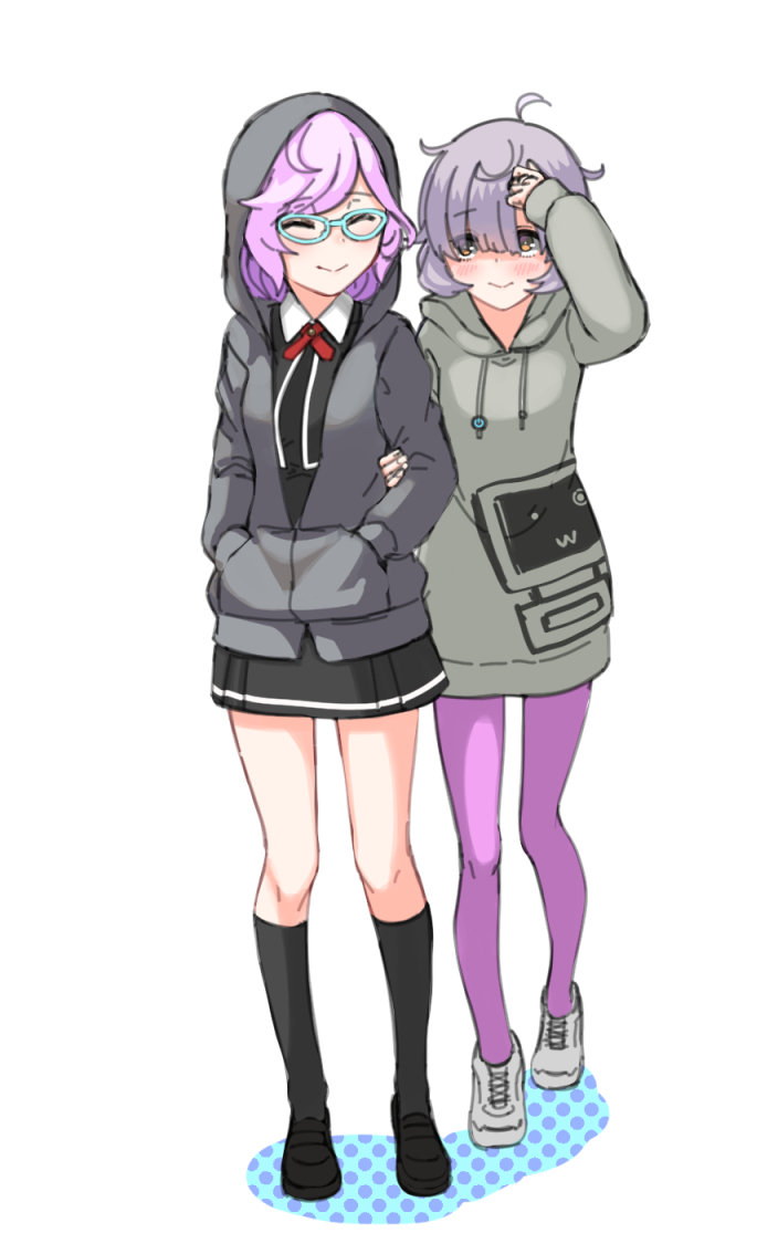 2girls, :>, arm_hug, bangs, black_dress, black_footwear, black_legwear, blunt_bangs