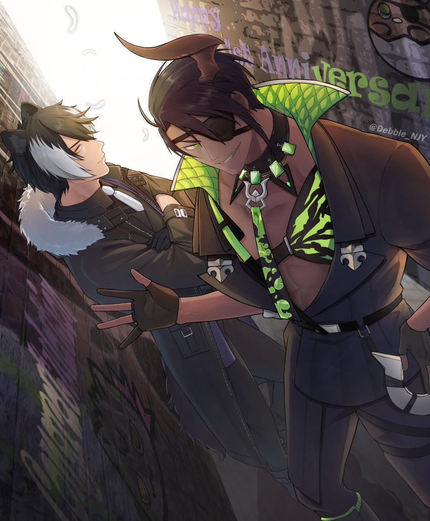 2boys, abs, absurdres, alley, animal_ears, anniversary, aragami_oga, belt