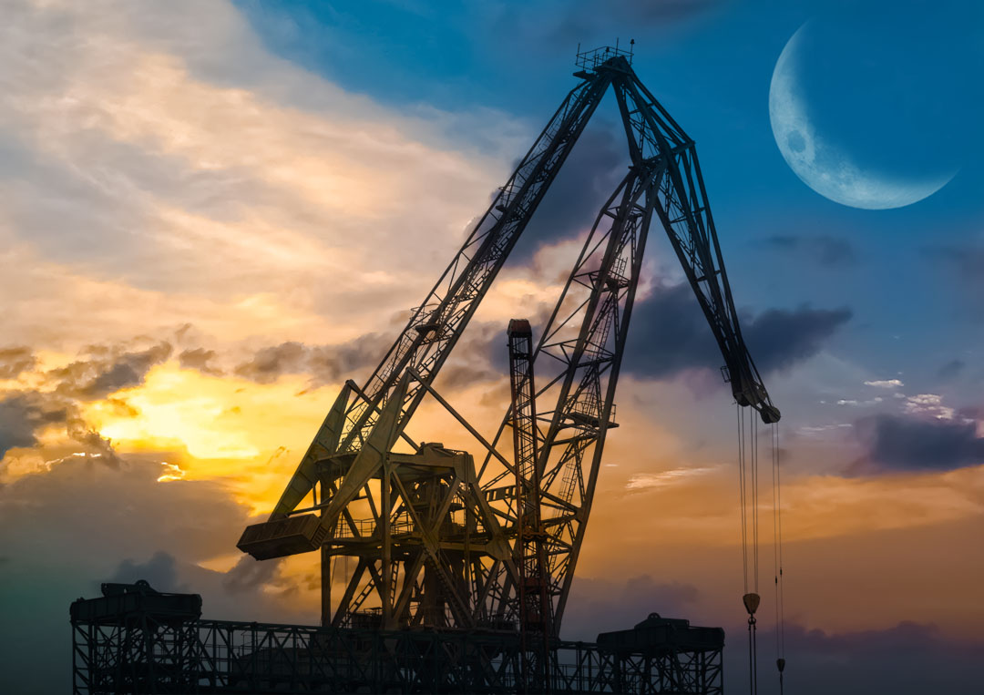 blue_sky, clouds, crane_(machine), crescent_moon, dawn, factory, fantasy, hoshiumisora