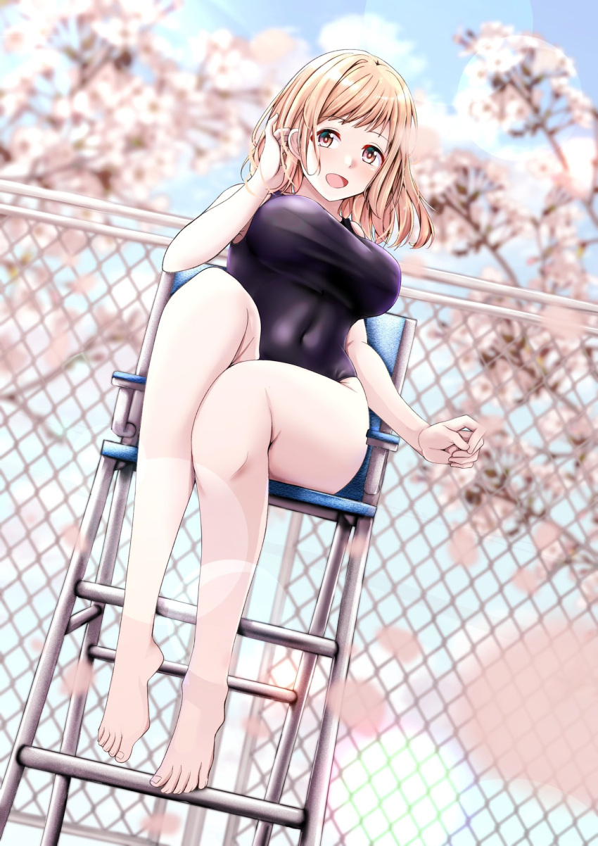 1girl, bare_legs, blue_swimsuit, breasts, brown_eyes, brown_hair, chain-link_fence, chair, cherry_blossoms, competition_swimsuit, covered_navel, day, fence, highres, idolmaster, idolmaster_shiny_colors, large_breasts, light_brown_hair, medium_hair, one-piece_swimsuit, open_mouth, petals, pool, sakuragi_mano, shohei_(piranha5hk), sitting, smile, solo, swimsuit, tree