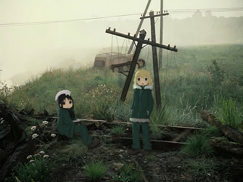 2girls, black_eyes, black_hair, blonde_hair, blue_hair, chito_(shoujo_shuumatsu_ryokou), coat, coldpizza, green_coat, green_jacket, highres, jacket, kettenkrad, long_hair, looking_at_viewer, low_twintails, multiple_girls, nuko_(shoujo_shuumatsu_ryokou), open_mouth, shoujo_shuumatsu_ryokou, stalker_(1979), twintails, utility_pole, yuuri_(shoujo_shuumatsu_ryokou)