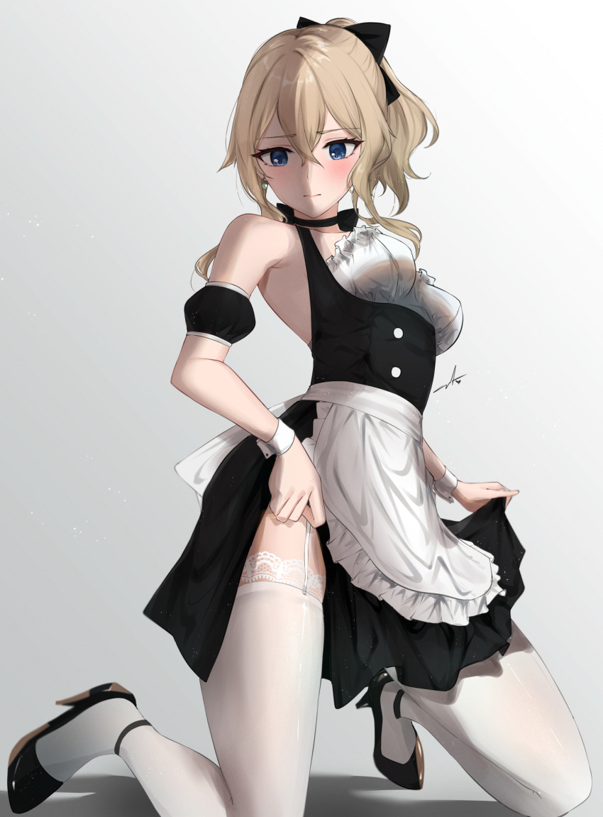 1girl, alternate_costume, apron, black_bow, black_dress, blonde_hair, blue_eyes, blush