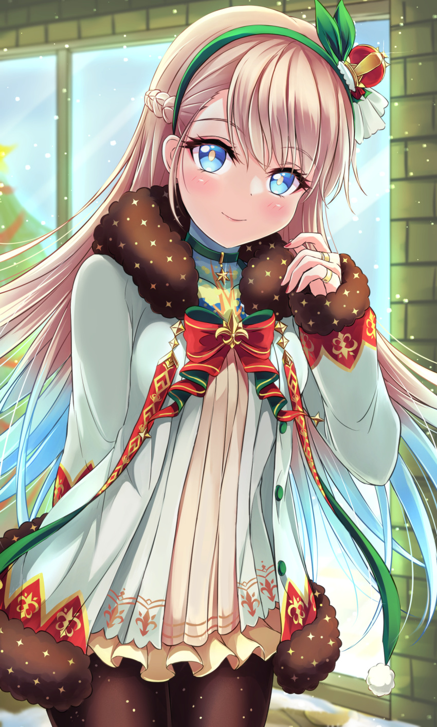 1girl, akirappy, bangs, black_legwear, blonde_hair, blue_eyes, blue_hair, blush