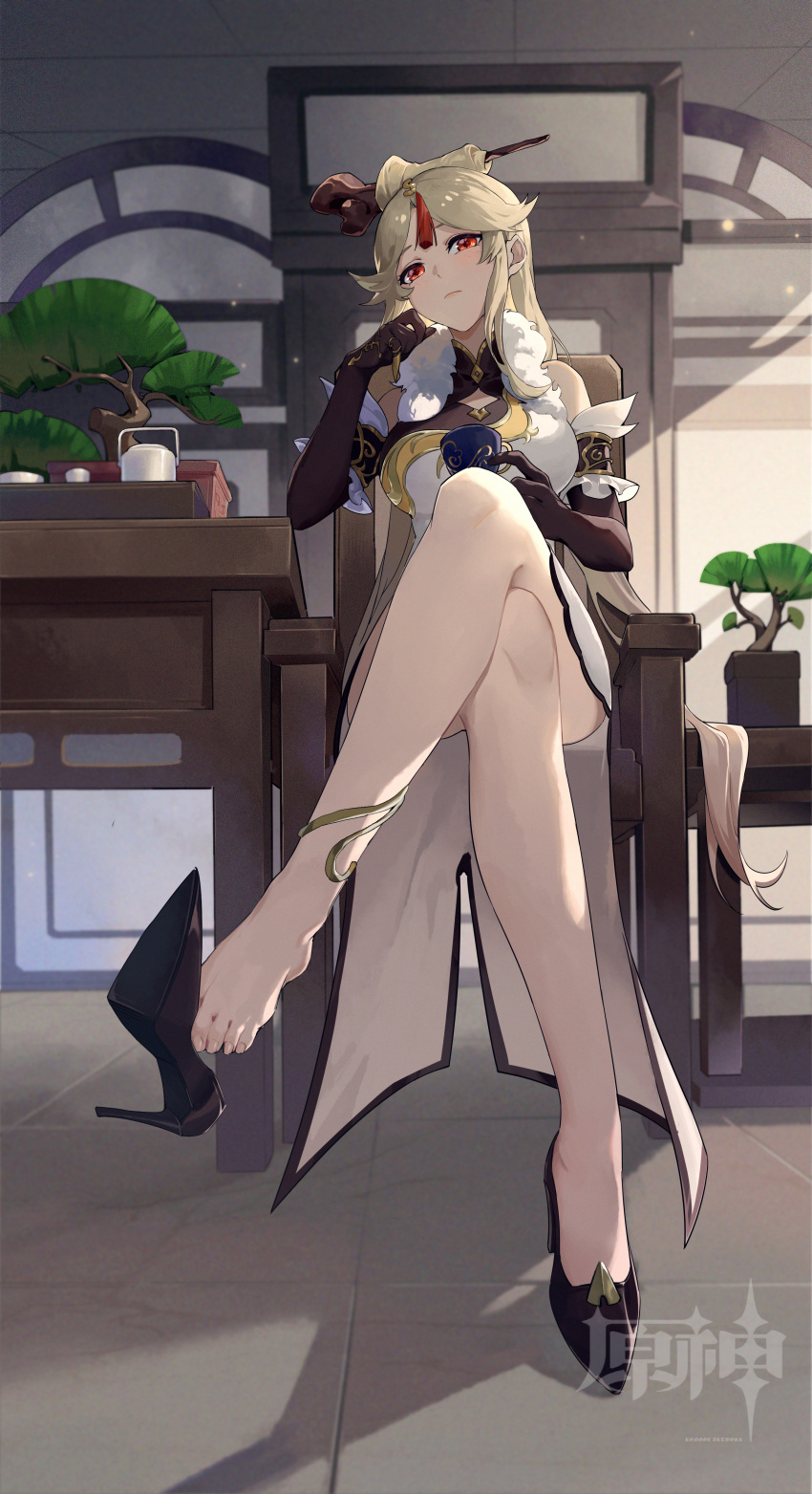 1girl, absurdres, bare_legs, bare_shoulders, barefoot, black_gloves, bonsai, chair