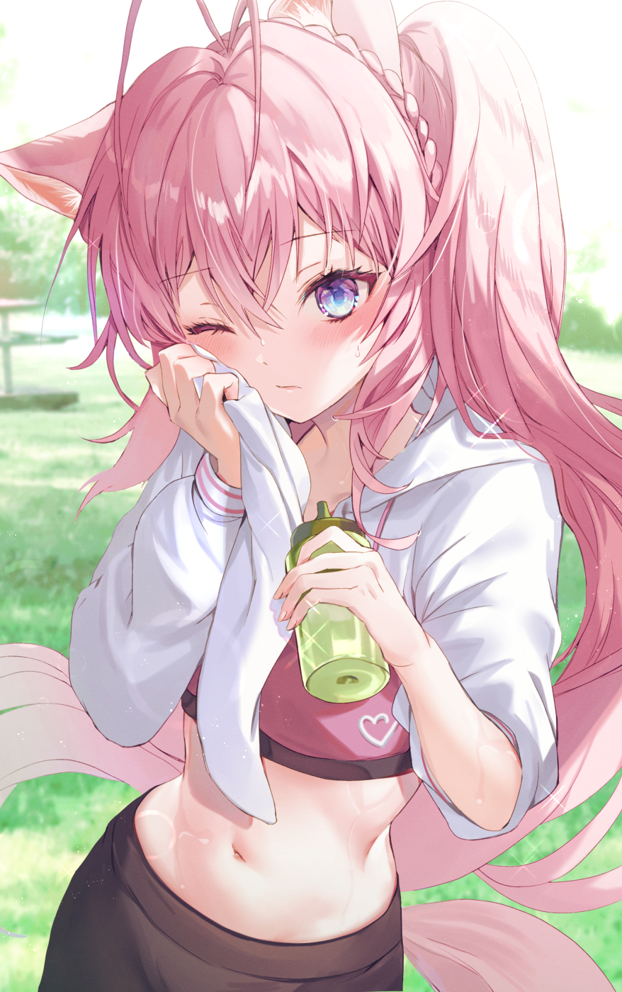 1girl, animal_ear_fluff, animal_ears, bangs, black_shorts, blush, bottle, braid