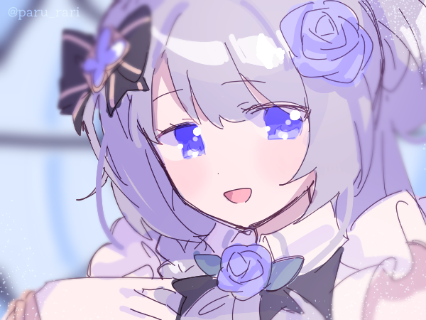 1girl, aqua_background, black_bow, blue_eyes, blue_flower, blue_vest, blurry, blurry_background