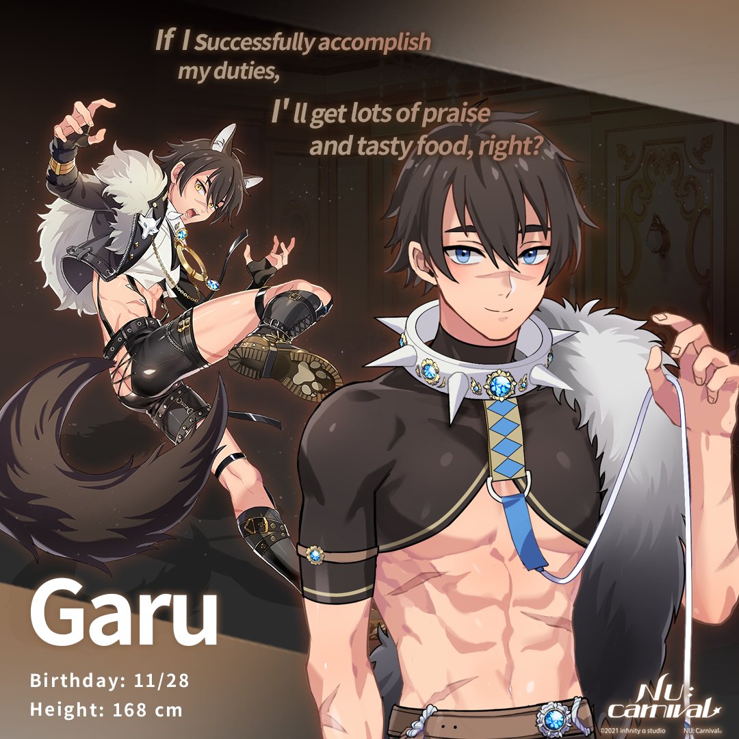 1boy, abs, animal_ears, ass_cutout, belt, black_shorts, blue_eyes, brown_hair, clothing_cutout, collar, crop_top, full_body, fur_trim, garu_(nu_carnival), gem, holding, holding_leash, leash, looking_at_viewer, male_focus, nu_carnival, official_art, pectorals, scar, scar_on_arm, scar_on_face, scar_on_nose, scar_on_stomach, short_hair, shorts, smile, spiked_collar, spikes, tail, white_collar, wolf_boy, wolf_ears, wolf_tail, yellow_eyes
