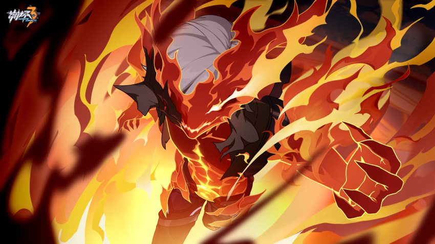 1boy, abs, broken_mask, brown_pants, close-up, closed_mouth, fire, highres