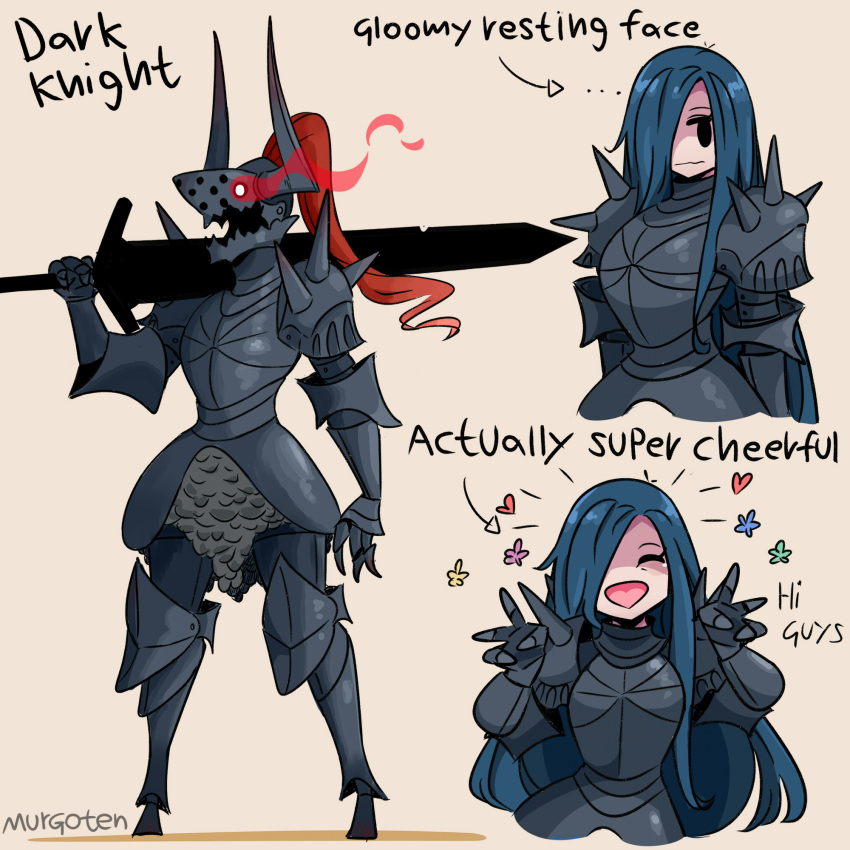 1girl, ^_^, armor, blue_hair, brown_background, closed_eyes, english_commentary, fantasy