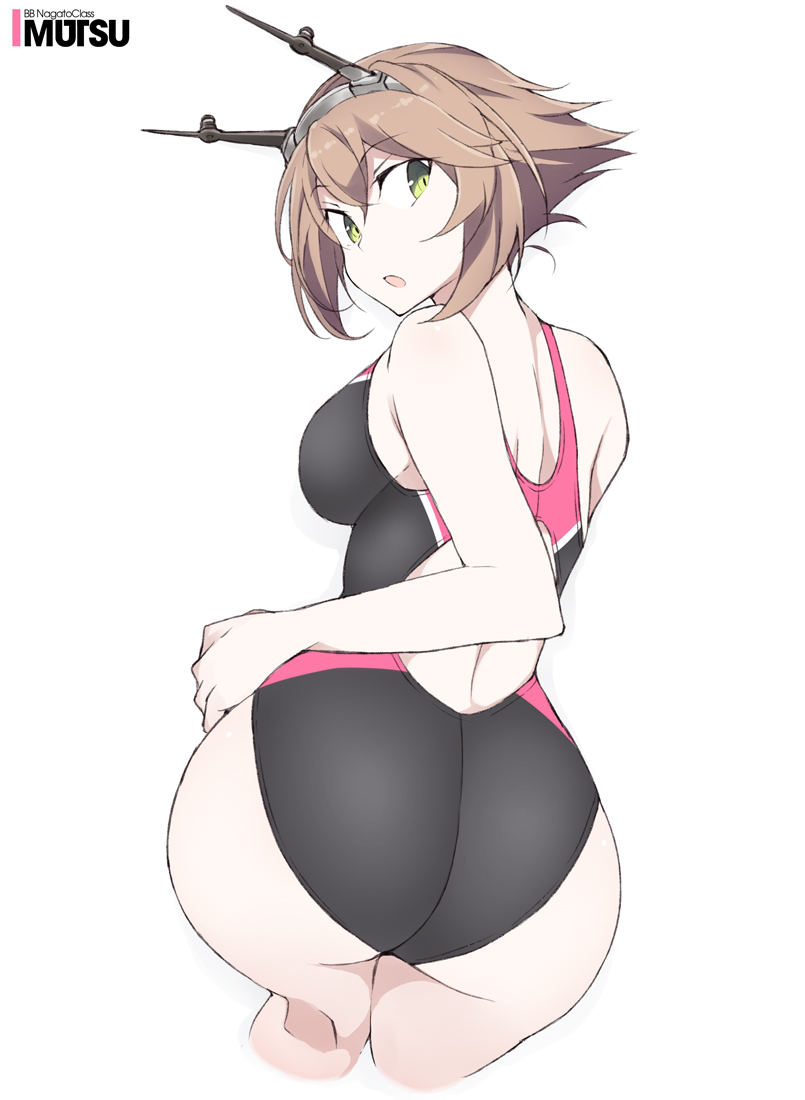 1girl, alternate_costume, ass, ass_focus, back, bent_over, black_swimsuit, breasts, brown_hair, butt_crack, competition_swimsuit, flipped_hair, green_eyes, hairband, headgear, kantai_collection, large_breasts, looking_at_viewer, looking_back, multicolored_clothes, multicolored_swimsuit, mutsu_(kancolle), one-piece_swimsuit, pink_swimsuit, radio_antenna, shigino_sohuzi, short_hair, solo, swimsuit, white_background