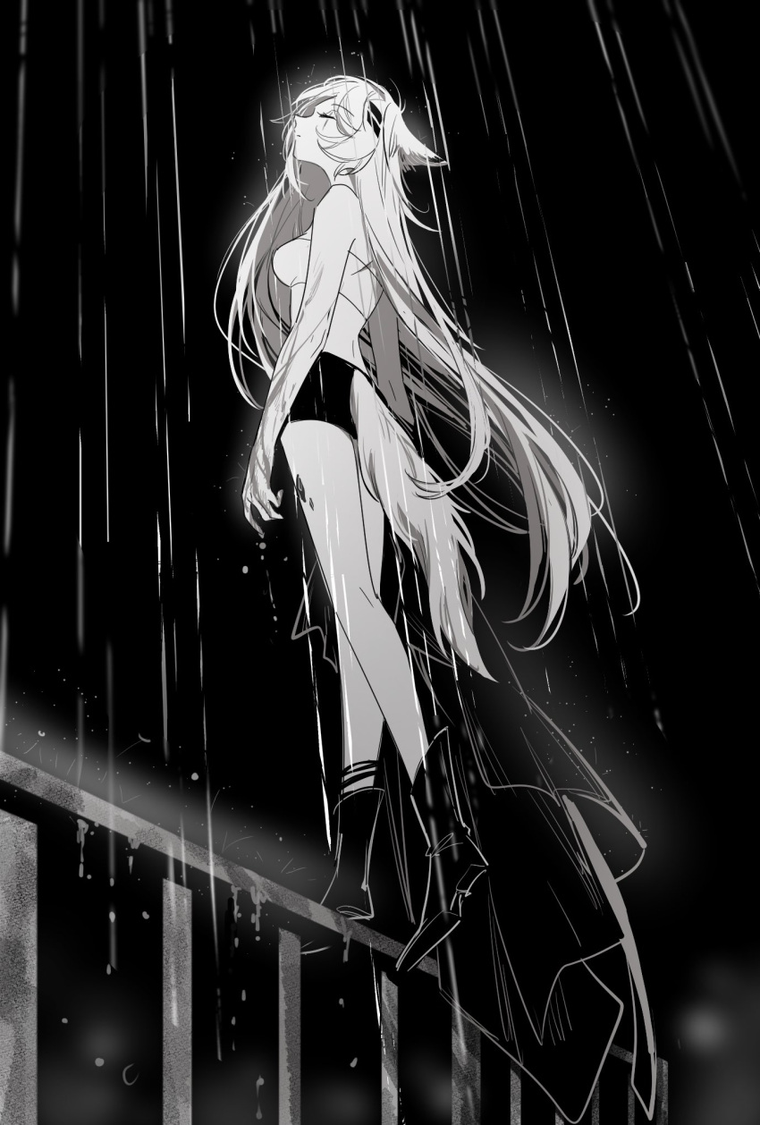 animal_ears, arknights, bare_legs, bare_shoulders, boots, breasts, closed_mouth, from_below, full_body, greyscale, hair_ornament, hairclip, highres, kaleka, knee_boots, lappland_(arknights), long_hair, medium_breasts, monochrome, oripathy_lesion_(arknights), outdoors, railing, rain, scar, scar_across_eye, scar_on_face, short_shorts, shorts, standing, strapless, tail, tail_through_clothes, tube_top, very_long_hair, wet, wolf_ears, wolf_girl, wolf_tail
