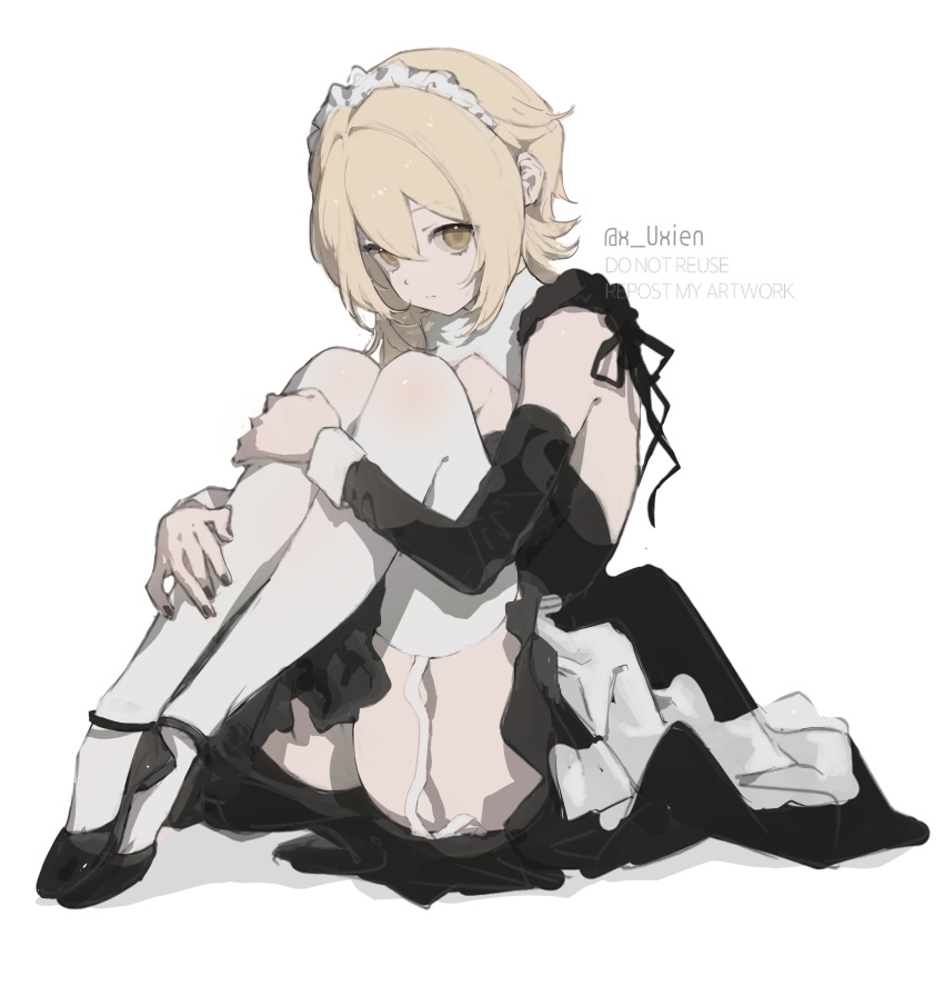 1girl, alternate_costume, bangs, bare_shoulders, black_dress, black_footwear, black_nails, blonde_hair