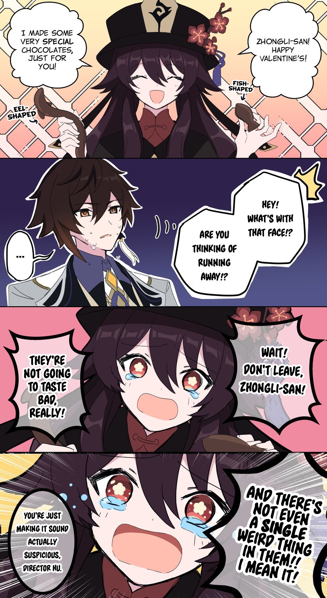 1boy, 1girl, 4koma, bangs, black_hair, black_headwear, brown_hair, chinese_clothes