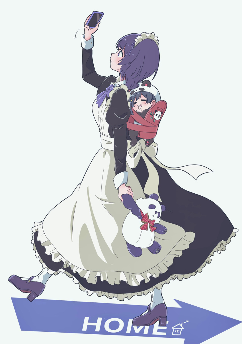 2girls, ^_^, alternate_costume, animal_costume, apron, asaka_karin, baby, baby_carrier