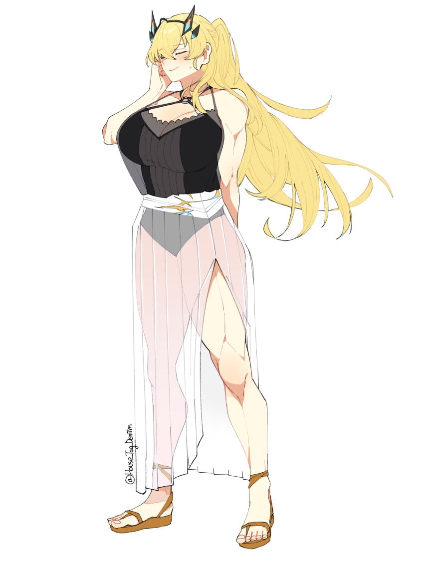 1girl, absurdres, alternate_costume, blonde_hair, closed_eyes, fairy_knight_gawain_(fate), fate/grand_order, fate_(series), highres, house_tag_denim, long_hair, muscular, muscular_female, sandals, simple_background, thick_thighs, thighs, white_background