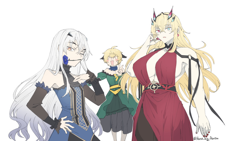3girls, blonde_hair, blue_dress, blue_eyes, blue_flower, blue_rose, dress, fairy_knight_gawain_(animejapan_2022)_(fate)