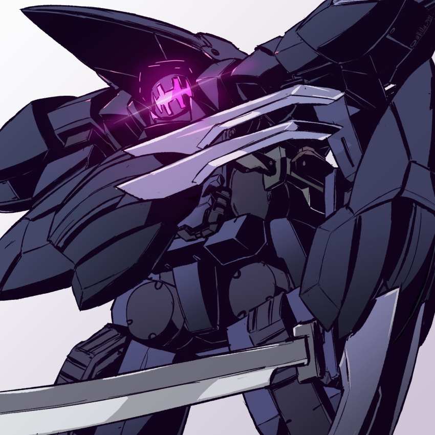 brady_phantom, claws, glowing, head_tilt, highres, holding, holding_sword, holding_weapon, kyoukai_senki, looking_at_viewer, mecha, no_humans, science_fiction, solo, sword, visor, voldox, weapon, white_background