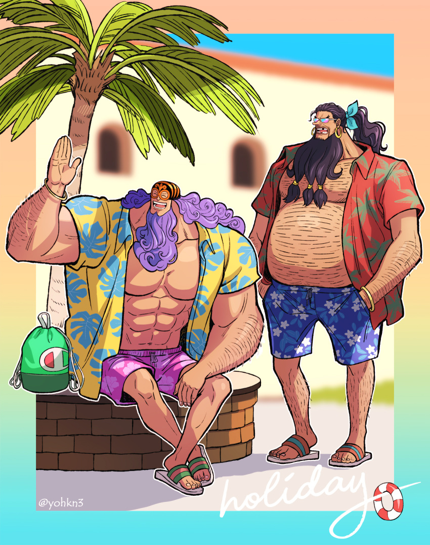 2boys, ^_^, abs, alternate_costume, alternate_hairstyle, arm_hair, bare_arms, beard