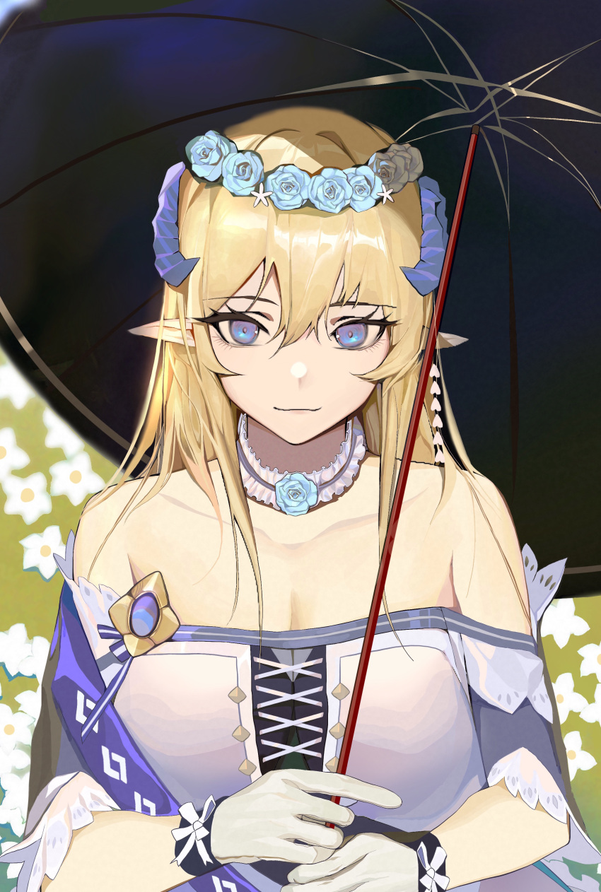 1girl, absurdres, arknights, bangs, bare_shoulders, blonde_hair, blue_eyes, choker