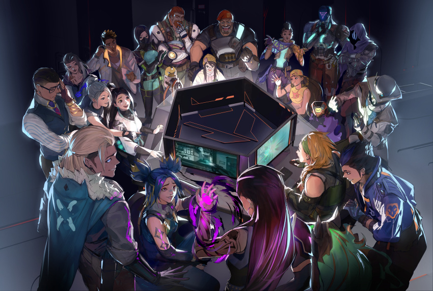 6+boys, 6+girls, astra_(valorant), beard, beret, black_cape, black_hair, blonde_hair, blue_eyes, blue_hair, blue_jacket, blue_vest, breach_(valorant), brimstone_(valorant), cape, chamber_(valorant), collared_shirt, cropped_jacket, cypher_(valorant), dark-skinned_female, dark-skinned_male, dark_skin, double_bun, energy, erotipop, facial_hair, fade_(valorant), fur_trim, glasses, green_headband, grey_hair, hat, headband, highres, hood, hooded_jacket, humanoid_robot, jacket, jett_(valorant), kay/o_(valorant), keyboard_(computer), killjoy_(valorant), lan_party, laughing, long_hair, mask, monitor, multicolored_hair, multiple_boys, multiple_girls, necktie, neon_(valorant), nose_piercing, nose_ring, omen_(valorant), open_hand, open_hands, open_mouth, phoenix_(valorant), piercing, playing_games, ponytail, raze_(valorant), red_headwear, red_necktie, redhead, reyna_(valorant), robe, sage_(valorant), shirt, sitting, skye_(valorant), sleeveless, sleeveless_jacket, smile, sova_(valorant), streaked_hair, twintails, two_side_up, valorant, vest, viper_(valorant), white_headwear, white_shirt, yoru_(valorant)
