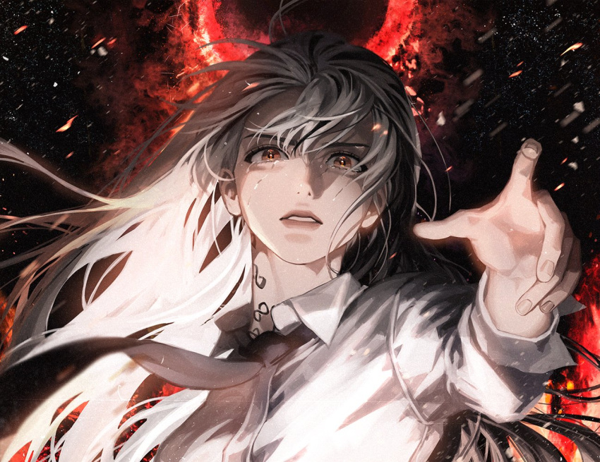 1girl, black_necktie, blackbox_(blackbox9158), brown_eyes, collared_shirt, crying, dark_background, debris