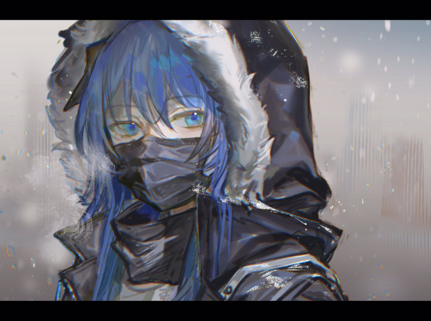 1girl, arknights, bangs, black_coat, blue_eyes, blue_hair, blurry, blurry_background