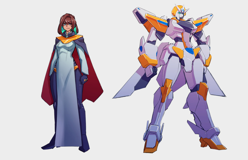 1girl, bangs, black_cape, black_gloves, blue_eyes, breasts, brown_hair, cape, clenched_hands, cosmikaizer, english_commentary, gloves, hair_intakes, highres, looking_at_viewer, mecha, medium_breasts, medium_hair, original, pilot_suit, science_fiction, trung_nhi
