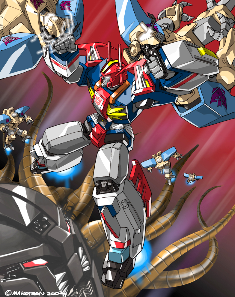 autobot, clenched_teeth, dark_nova_(transformers), decepticon, fighting, galaman, glowing, glowing_eyes, makoto_ono, mecha, no_humans, science_fiction, sky_garry, teeth, tentacles, transformers, transformers:_return_of_convoy, visor, white_eyes