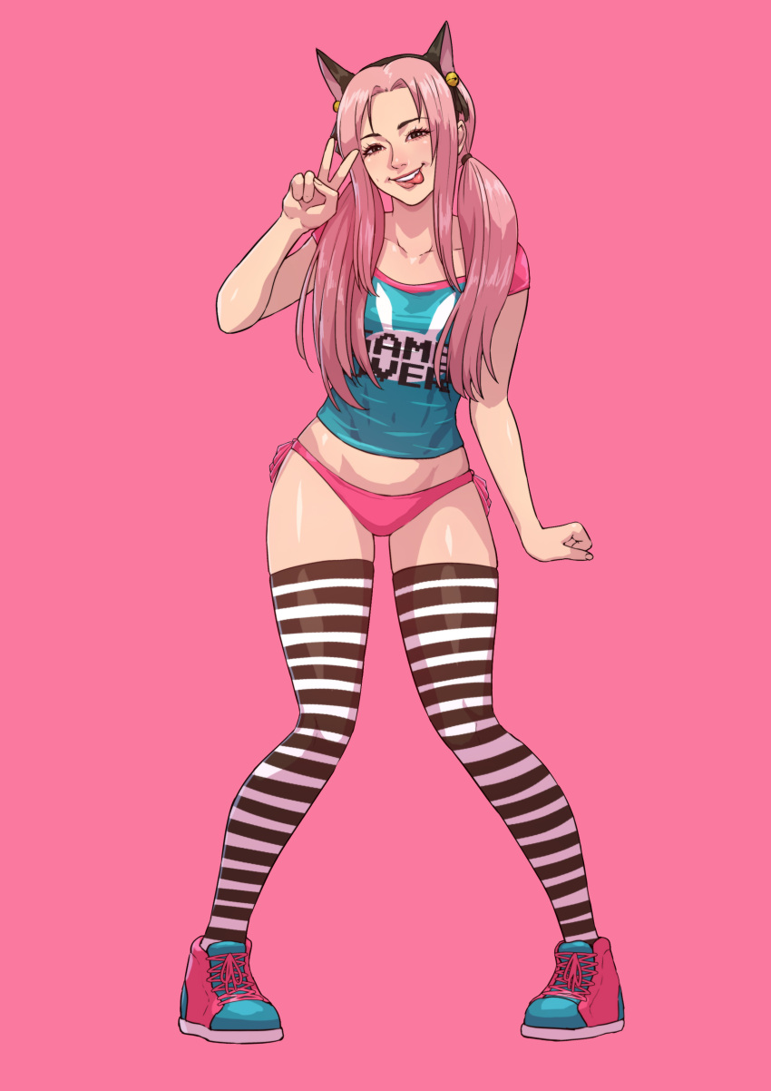 1girl, absurdres, animal_ears, bell, belle_delphine, black_legwear, breasts, cat_ears, cirenk, commission, cosplay, d.va_(overwatch), d.va_(overwatch)_(cosplay), dimple, fake_animal_ears, full_body, highres, jingle_bell, long_hair, multicolored_footwear, no_pants, overwatch, panties, pigeon-toed, pink_background, pink_hair, print_shirt, raglan_sleeves, real_life, shirt, shoes, side-tie_panties, small_breasts, sneakers, solo, striped, striped_legwear, t-shirt, teeth, thigh-highs, tongue, tongue_out, underwear, upper_teeth, v_over_eye, white_legwear, white_panties