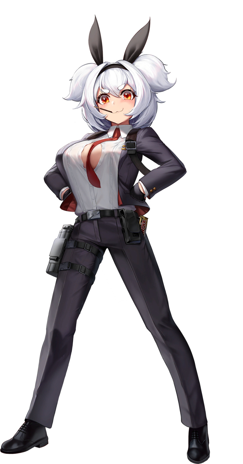 1girl, :3, alvis_(last_origin), bangs, belt, between_breasts, black_gloves, brand_name_imitation