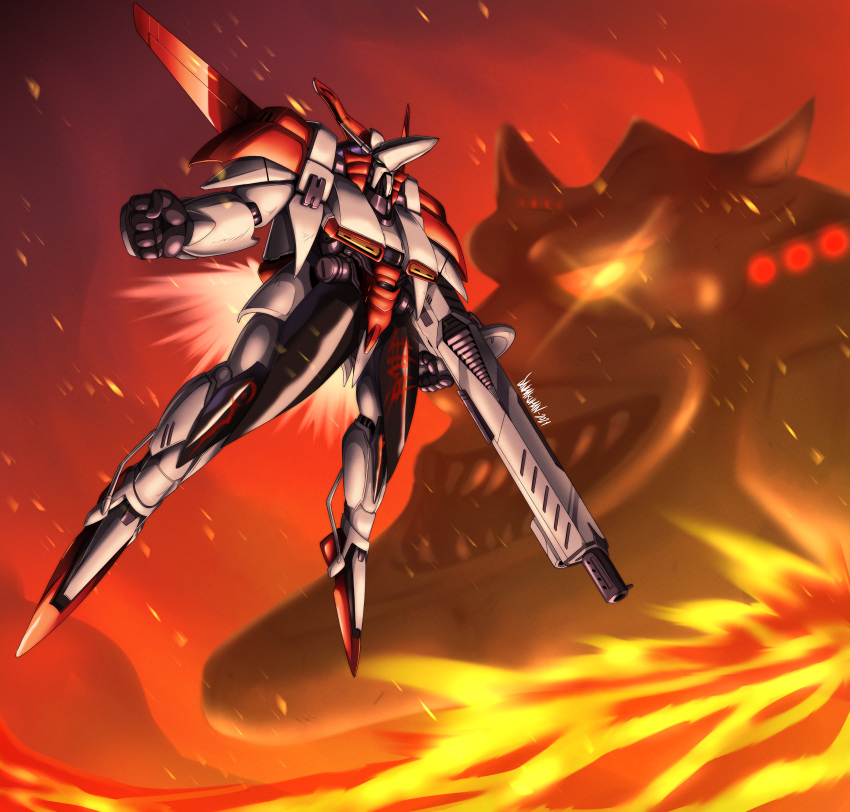 2021, absurdres, battle, beam_rifle, big_asia, blurry, blurry_background, danmakuman, dated, energy_gun, fake_screenshot, fire, flying, game_console, gameplay_mechanics, glowing, glowing_eyes, highres, lights, mecha, molten_rock, monster, motion_blur, musha_(mecha), musha_aleste, robot, science_fiction, sega_mega_drive, signature, smoke, sparks, spoilers, thrusters, video_game, weapon