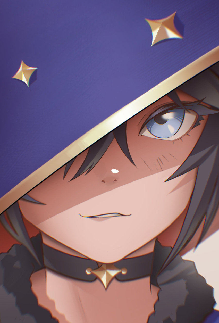 1girl, absurdres, bangs, biting, black_choker, black_hair, blue_eyes, blue_headwear, choker, fur_trim, genshin_impact, hat, highres, lem, lip_biting, mona_(genshin_impact), one_eye_covered, portrait, shaded_face, solo, white_background, witch_hat