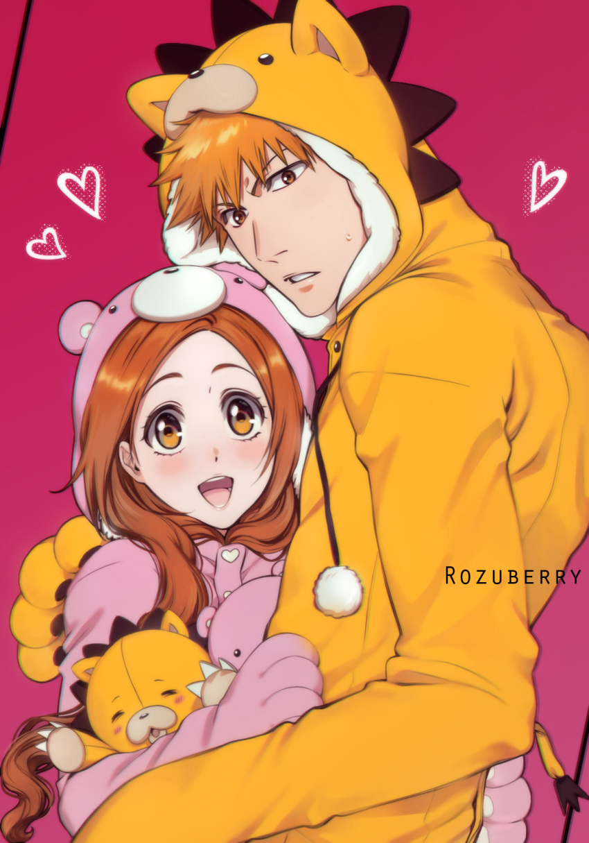 1boy, 1girl, animal_hood, bleach, blush, brown_eyes, couple, fitstarrysky
