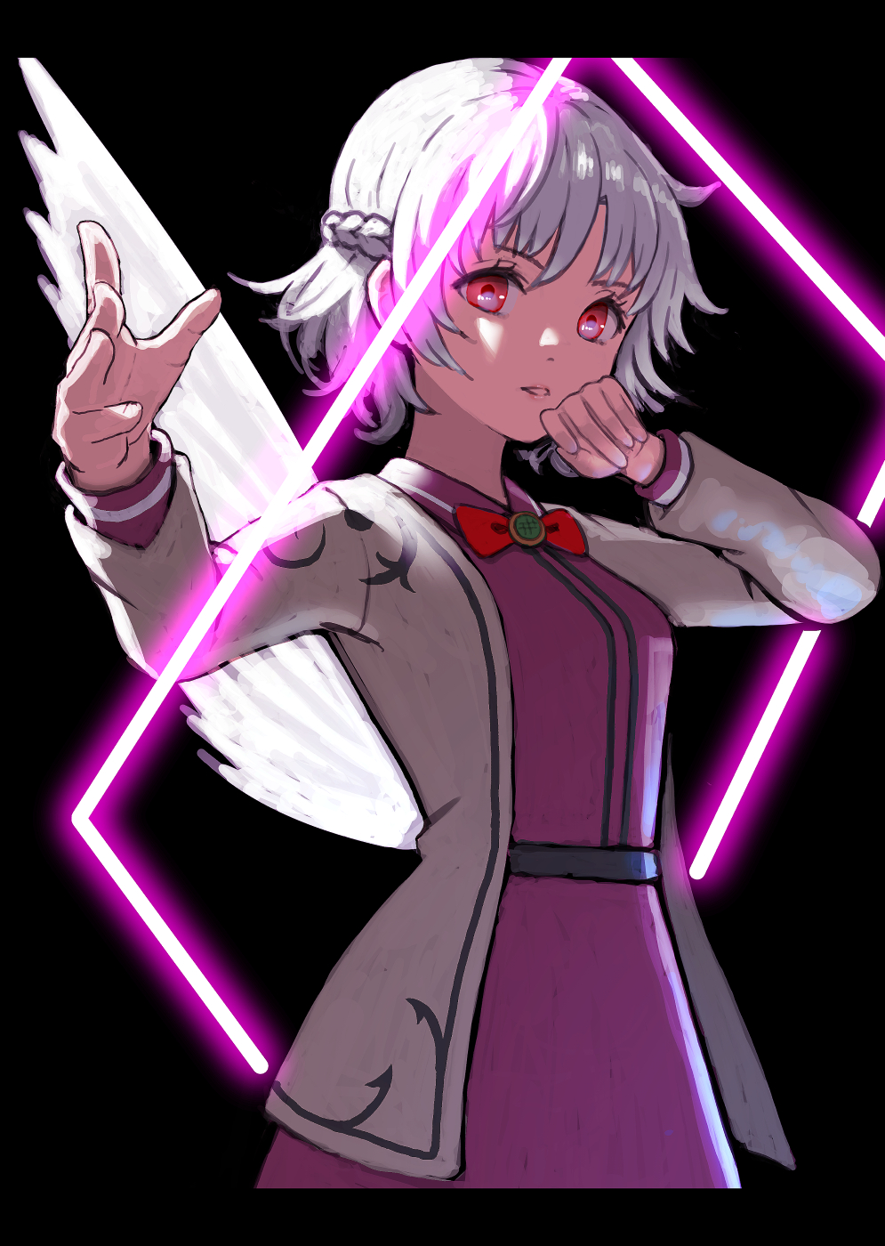 1girl, arms_up, bangs, belt, black_background, black_border, blue_belt, border