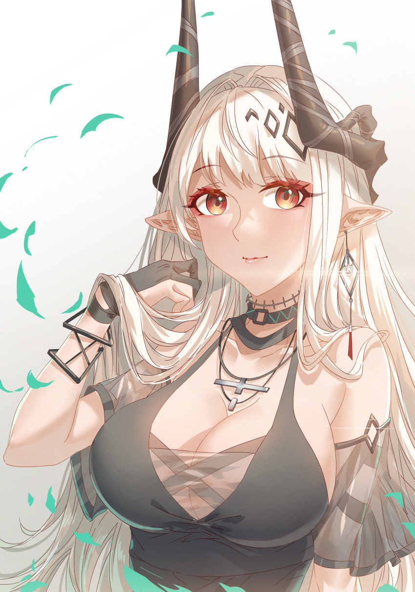 1girl, absurdres, arknights, bangs, bare_shoulders, black_choker, black_dress, breasts