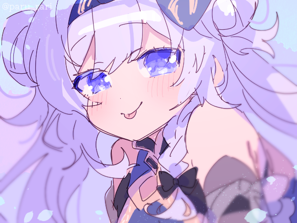 1girl, :p, aqua_background, black_bow, black_sleeves, blue_dress, blue_eyes, blue_hairband