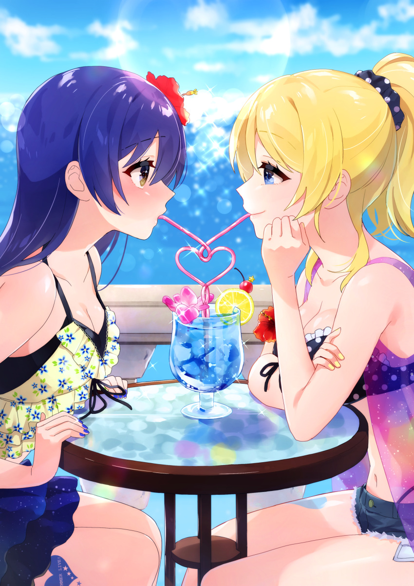 2girls, absurdres, arm_support, ayase_eli, bangs, bikini, blonde_hair, blue_eyes