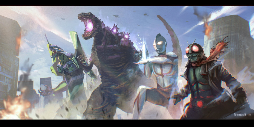 blue_sky, clouds, cloudy_sky, creator_connection, crossover, eva_01, explosion, godzilla_(series)