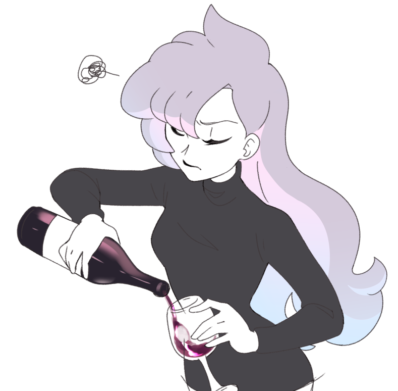 1girl, alcohol, alternate_costume, anabel_(pokemon), black_sweater, bottle, closed_eyes, closed_mouth