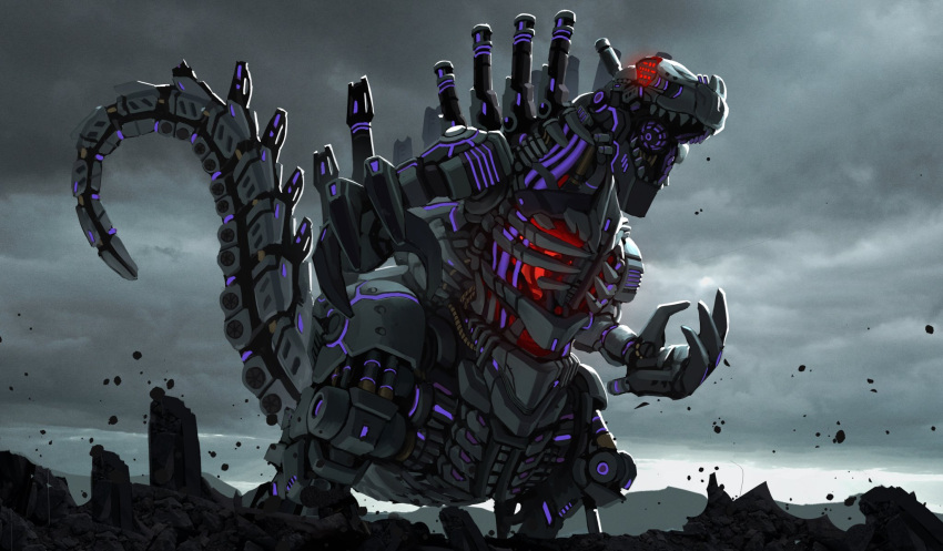 alkham, clouds, cloudy_sky, glowing, glowing_eyes, highres, mecha, mechanical_tail